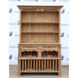 19th century pine dresser with two tiered plate rack over drawers over open section and chicken