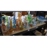 Various 1930s glass figural flower holders, some bowls and dressing table boxes