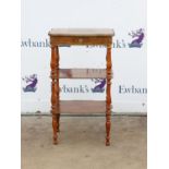 20th century French rosewood three tier etagere with lift up lid, marquetry and brass line inlaid