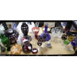 Set of six Bohemian coloured overlay cut glass wine glasses, similar ship’s decanter,