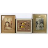 Pictures, to include: watercolour depicting an Algerian street, framed and glazed,