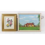 Pictures, to include: framed watercolour of flowers, 18 x 13cm; embroidered fencing image,