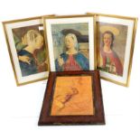 Set of three prints after early Renaissance paintings, framed and glazed, sample size 44.5 x 32cm.