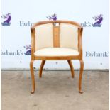 Early 20th century walnut tub chair with marquetry and line inlaid decoration on cabriole legs,