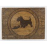 Engraving on wooden panel of a corgi, with decorative engraved border, 44 x 59.5cm.