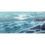 Oil on canvas depicting a rocky shoreline and stormy sea, signed indistinctly lower left,