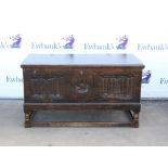 20th century stained pine coffer on turned supports and stretchered base, h62 x w109 x d50cm,