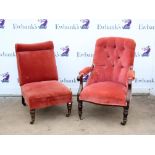 19th century mahogany framed open arm chair on turned supports with red upholstery,