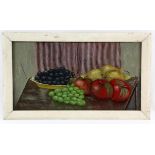 Pictures, to include: modern oil on board still life with fruit, framed, image size 44 x 25cm.