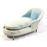 French fully upholstered chaise longue, in sky blue upholstery, on fluted tapering legs, 165 cm long