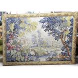 Modern French tapestry depicting scene with chateau and lake to foreground, 184 x 130.5cm.