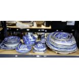 Six blue and white meat plates, including 'Lucerne' pattern, 56 cm wide, Wedgwood 'Fallow Deer'
