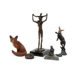 Bronze fox by Michael Storey 13.5 cm4, limited edition modernist bronze figure with a child on his