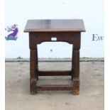 Oak stool, parts possibly 18th century, rectangular seat on turned and block legs joined by