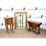 Walnut bedside cabinet with two small drawers on cabriole legs, a flame mahogany drop leaf table