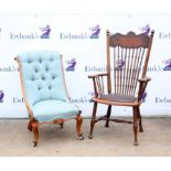 Victorian walnut nursing chair, the button back with scroll ends on mouded cabriole legs and later