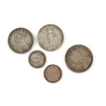 Two Victoria gothic Florins, 1849 and young head 1880 and 2 other Victoria silver coins and an