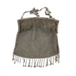 Large Art Deco German silver 800 grade evening mesh bag with liner and tassel and ball drops