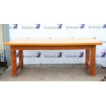 Pine kitchen table on square supports and stretchers, h78 x w203 x d88cm,