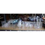 Four glass decanters, four brandy glasses and other glassware