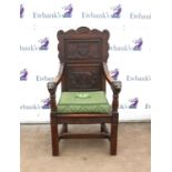 AMENDED DESCRIPTION - Early 20th century oak wainscot chair, carved with the shield of Christ’s