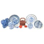 Two blue & white dishes painted with dragons, Japanese blue & white bowl painted on inside with