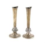 Cast pair of fox head decorated silver candlesticks or epergne holders, 173 grams, Birmingham 1971