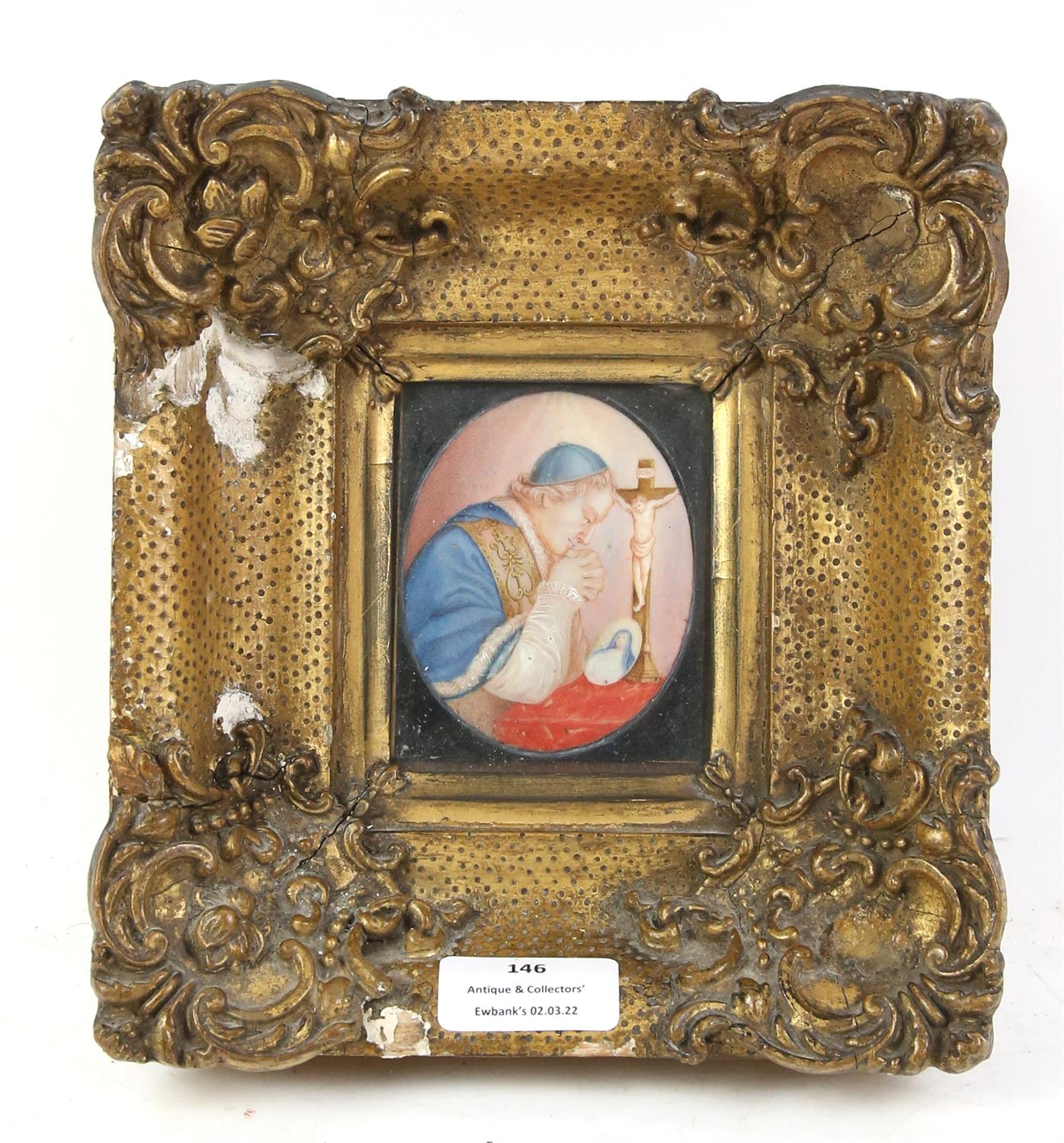 Miniature painting on ivory, priest at prayer, 8 x 7cm in a carved giltwood frame 21 x 19cm PLEASE