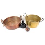 Copper preserving pan stamped A&N dia. 40cm and a brass preserving pan dia. 33.5cm,