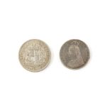 Two silver coins, Victoria Double Florin 1887 and George VI 1937 Crown