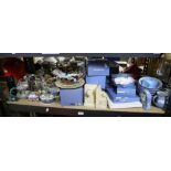 Various Wedgwood jasperware boxes and dishes, in original boxes, Swarovski figure of a clown,