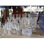 Set of seven Waterford Lismore wine goblets, eight wine glasses, and eight liqueur glasses, marked,