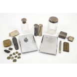 English silver vesta with scrolling decoration, shaving brush holder and other items including