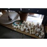 Collection of crested china, a frosted glass ceiling light, 53 cm diameter, and a painted plate