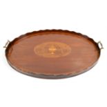19th century mahogany and marquetry inlaid oval tray, with urn marquetry inlaid decoration within