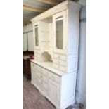 Painted pine dresser and rack, with glazed doors over six drawers on a base with four drawers and