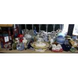 Various ceramics, including commemorative mugs, light shades, blue glass rolling pin,