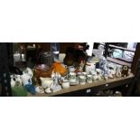 Various ceramics, including crested china, coffee cans, glassware, a pair of spelter figures and