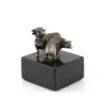 Silver bear and bull mounted sculpture/paperweight London