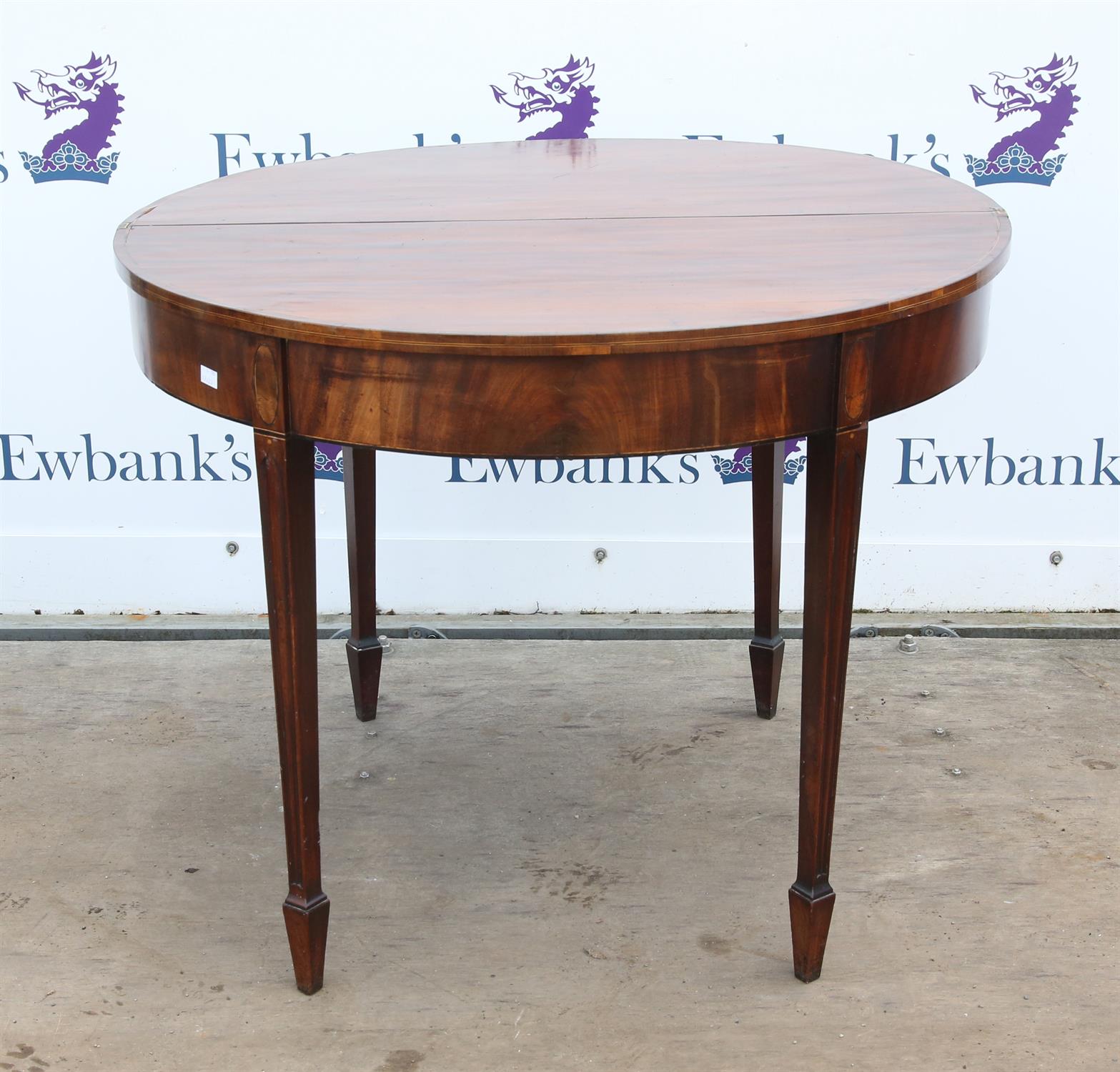 Late George III style crossbanded mahogany demi-lune tea table, on moulded square tapering legs - Image 2 of 2