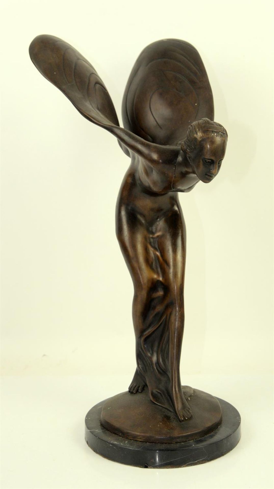 Large Spirit of Ecstasy bronze sculpture, on circular black marble base, unsigned, 52.5cm in height