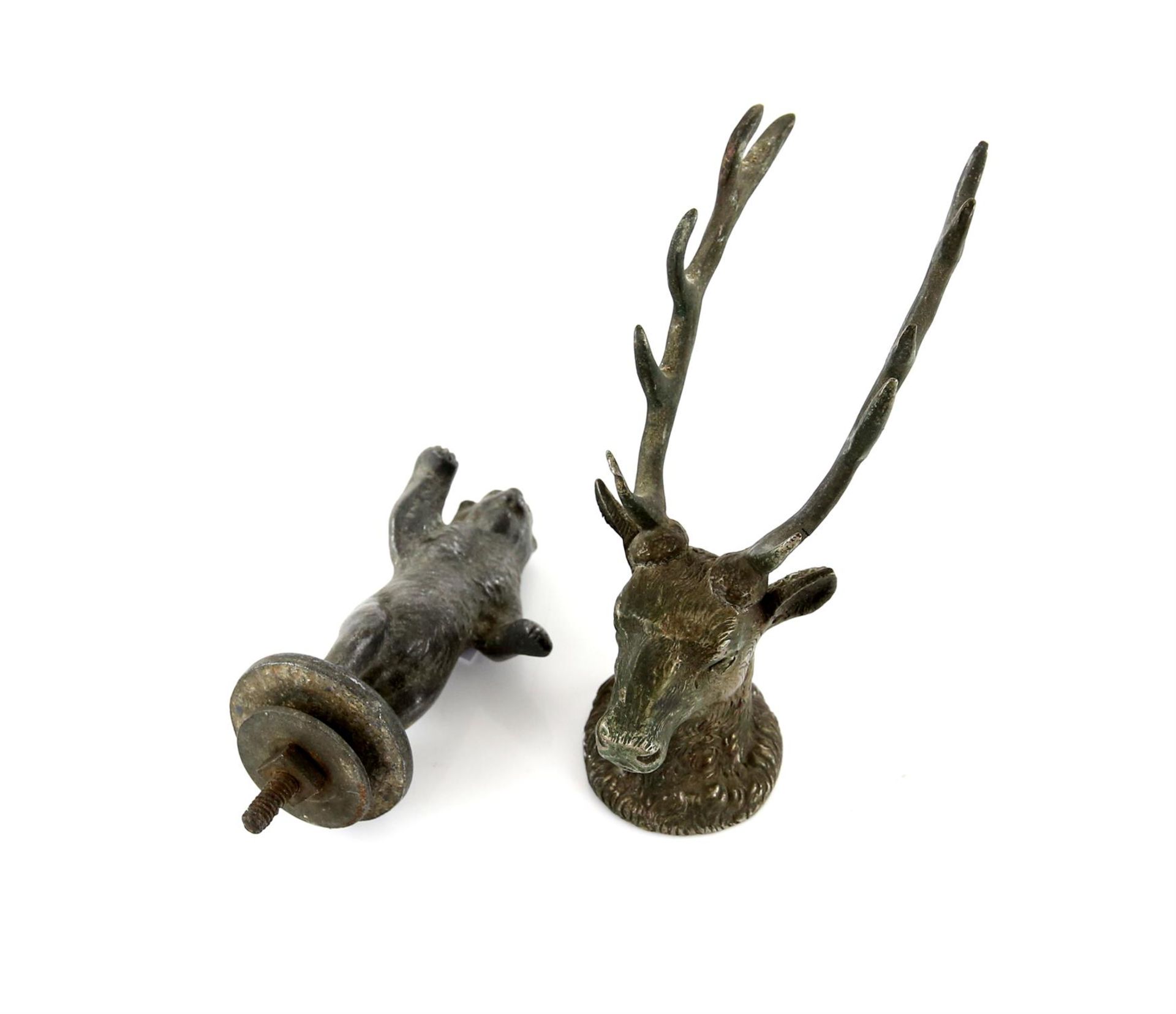 Two vintage car mascots - includes angular stag mascot (12cm in height) & a grizzly bear mascot