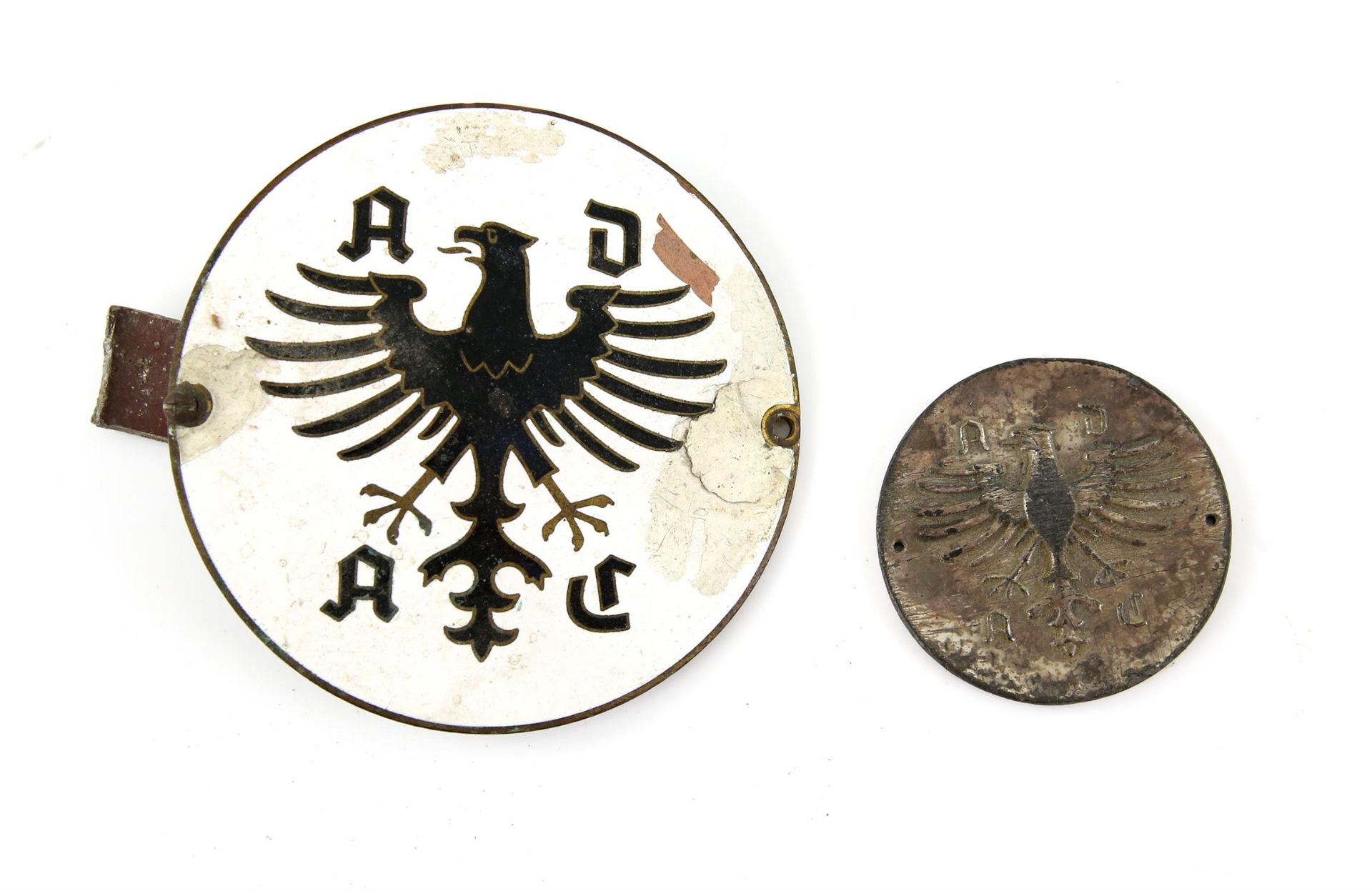 Two circular German car badge's, ADAC Munchen, with winged Phoenix emblem - white enamel,