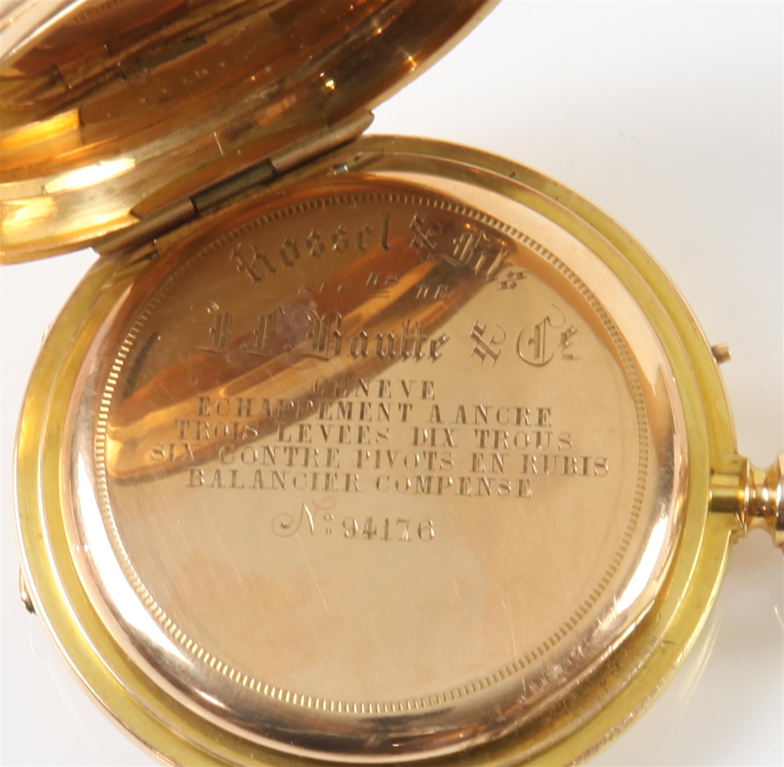 19th C half hunter gold pocket watch, white enamel dial with Roman numerals, minute track and - Image 4 of 4