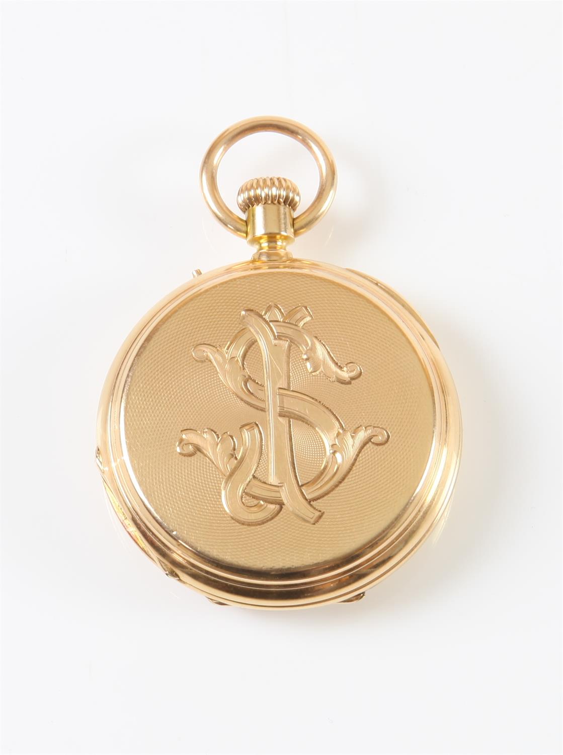 19th C half hunter gold pocket watch, white enamel dial with Roman numerals, minute track and - Image 3 of 4