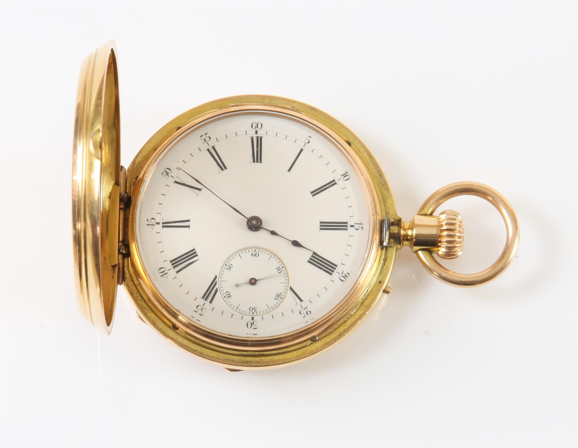 19th C half hunter gold pocket watch, white enamel dial with Roman numerals, minute track and