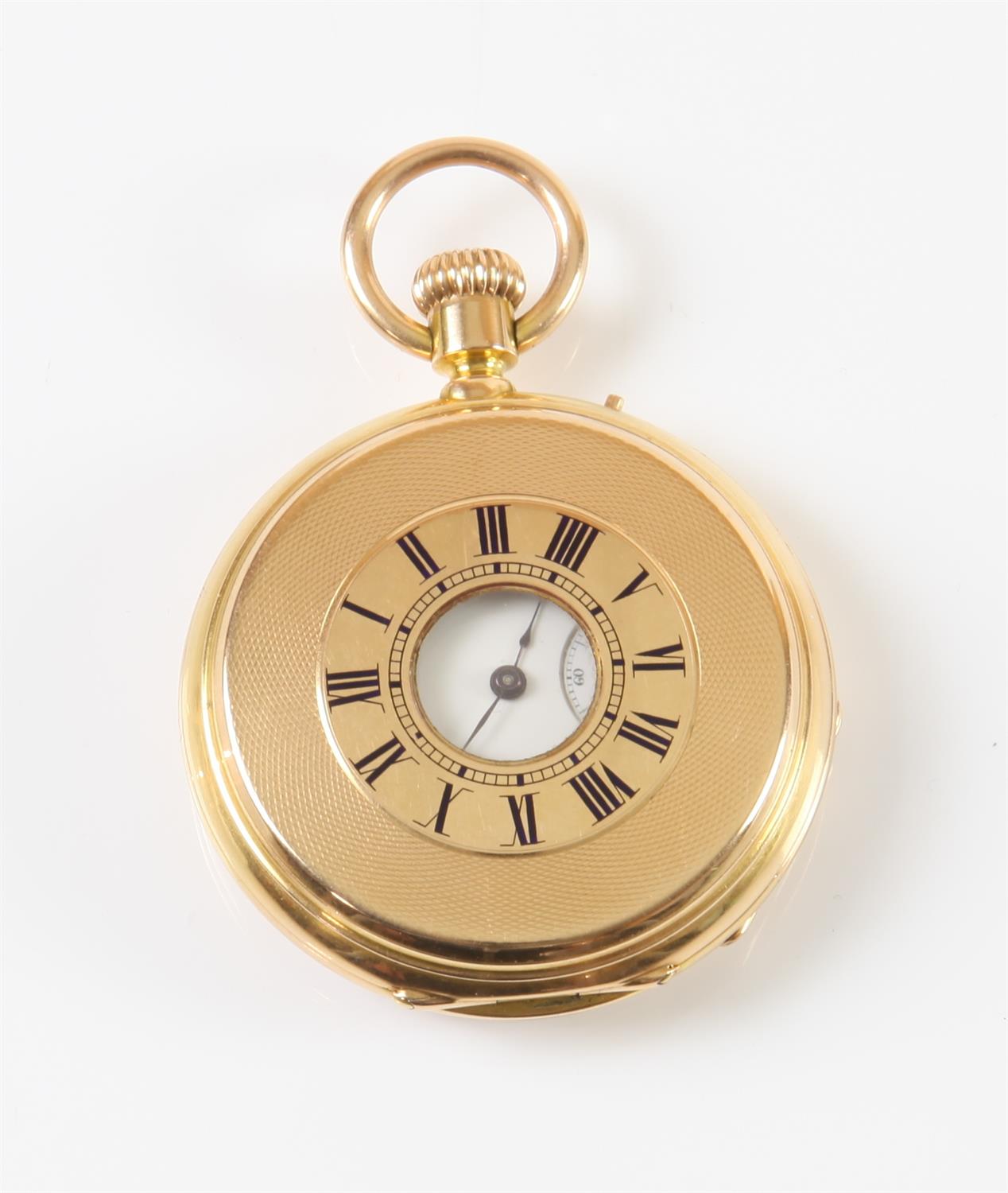 19th C half hunter gold pocket watch, white enamel dial with Roman numerals, minute track and - Image 2 of 4