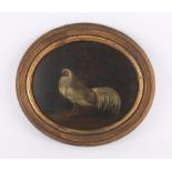 19th century oil on board, of a cockerel, inscribed verso Fletcher pinx in ink, oval in gilt frame,
