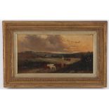 19th century English school, oil painting, cattle and figures in a landscape, 11 x 22 cms