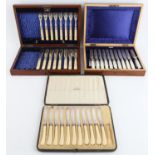 Victorian mother of pearl handled part set of 11 tea knives and 12 forks, by Walker and Hall cased,